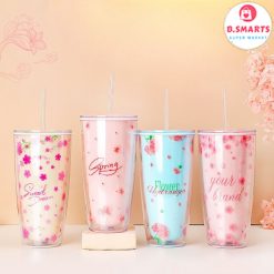 Cốc giữ nhiệt có nắp kèm ống hút 750ml họa tiết xinh xắn, Ly nhựa chịu nhiệt không đổ mồ hôi an toàn sức khỏe